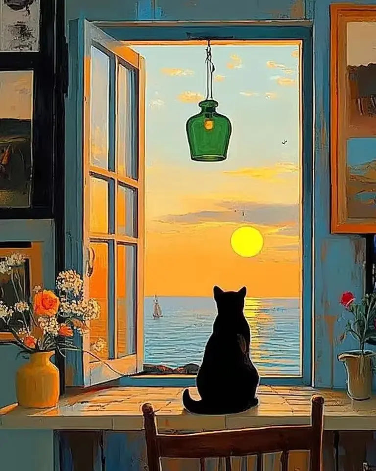 Chat admirant le soleil couchant