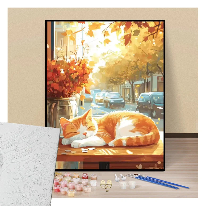 Peinture par numéros chat roux qui dort devant la fenêtre présentation du contenu