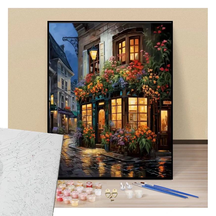 Peinture par numéros boutique fleurie éclairée en ville présentation du contenu