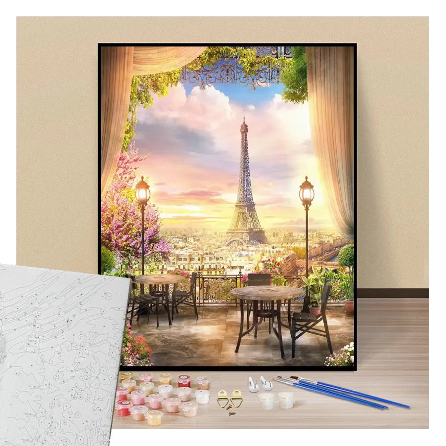 Peinture par numéros restaurant parisien avec vue sur la tour eiffel présentation du contenu