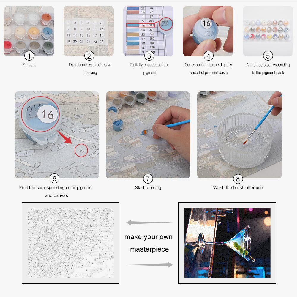 Peinture par numéros cocktail martini dans un bar lounge - Instructions
