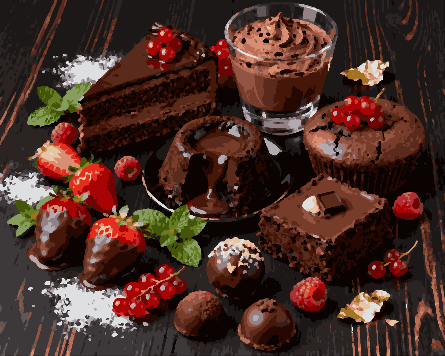 Peinture par numéros desserts au chocolat et fruits rouges 24 couleurs