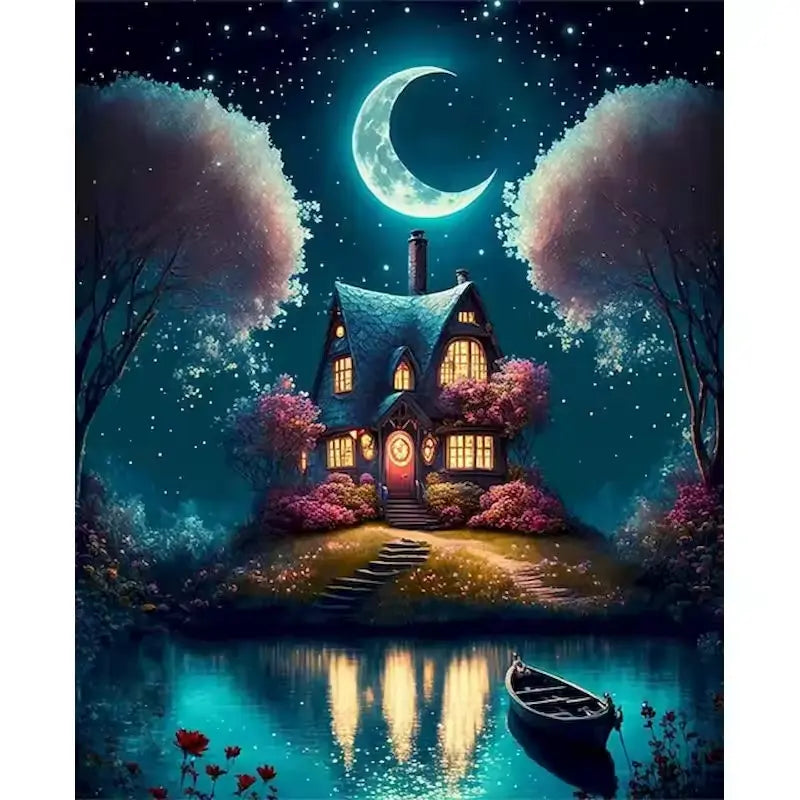 Maison pittoresque sur un île sous un ciel de pleine lune