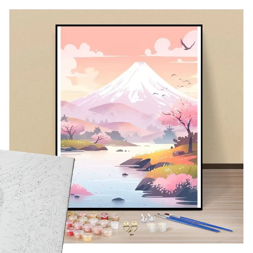 Peinture par numéros aube rose sur le mont fuji présentation du contenu