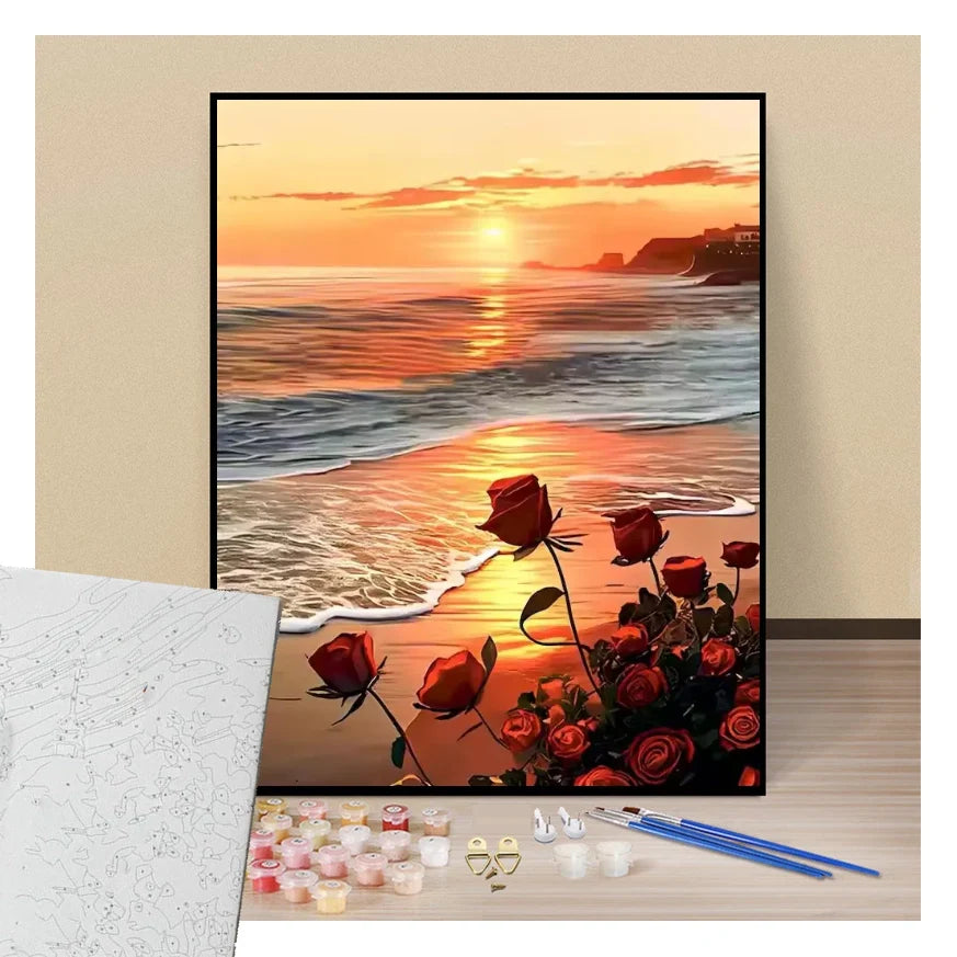 Peinture par numéros affiche bouquet de roses en bord de mer présentation du contenu