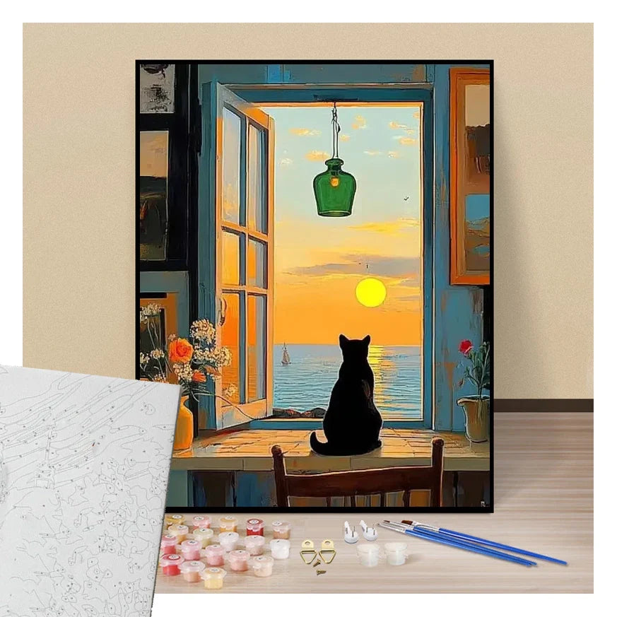 Chat admirant le soleil couchant - Peinture par numéros - Steloria