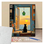 Peinture par numéros chat devant la fenêtre regardant le coucher de soleil présentation du contenu
