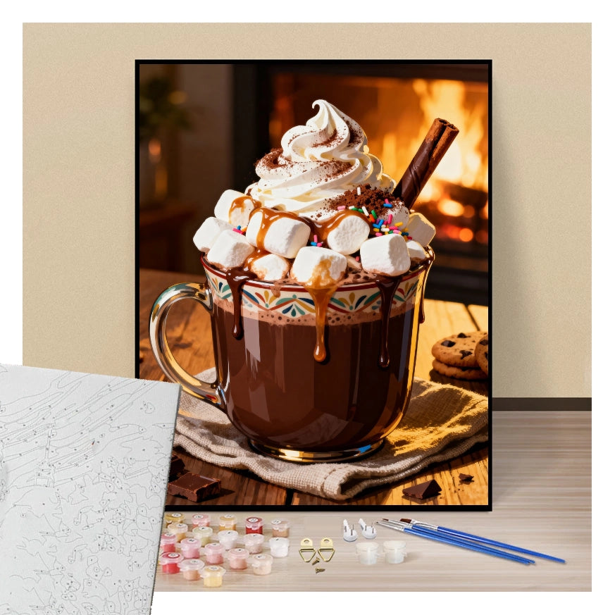 Peinture par numéros tasse de chocolat chaud avec chantilly et guimauves présentation du contenu