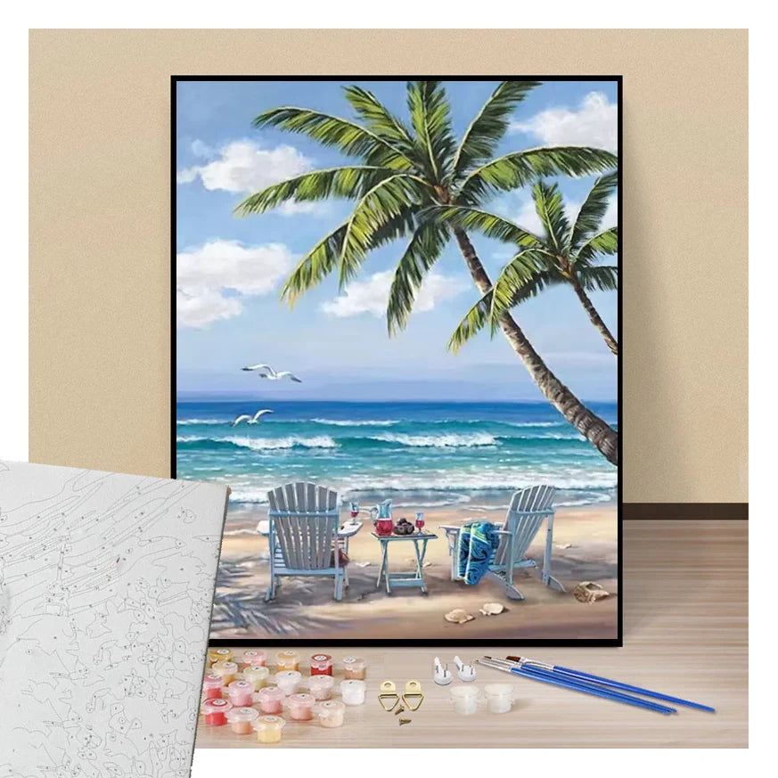 Peinture par numéros duo de transats sur une plage tropicale présentation du contenu