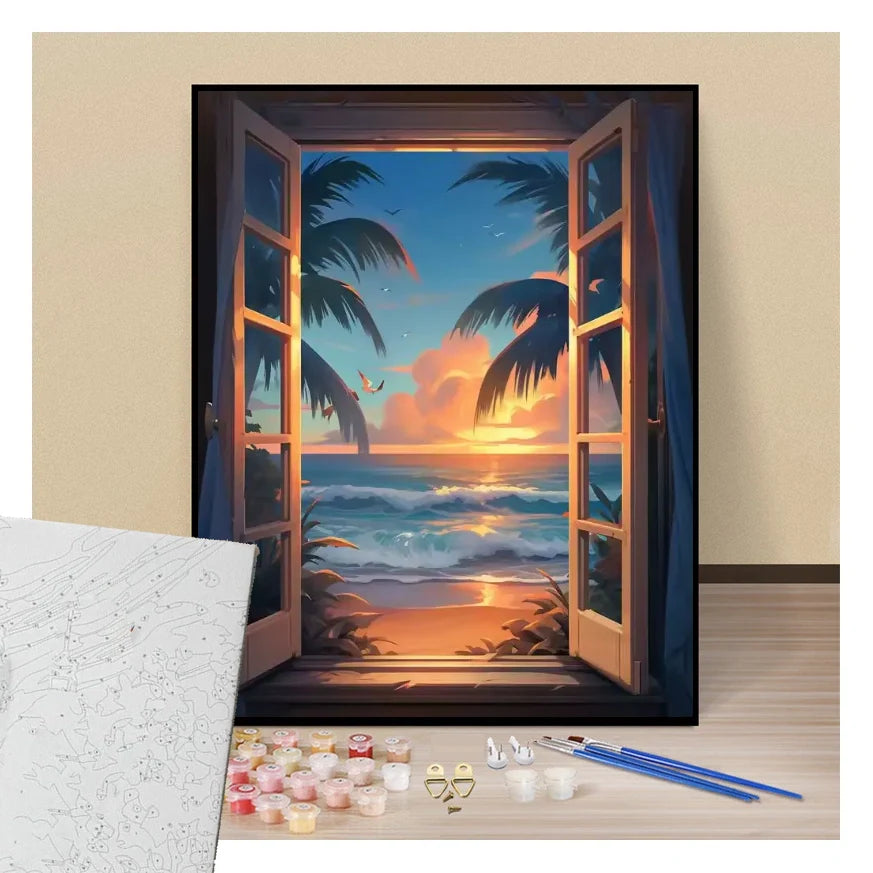 Peinture par numéros fenêtre avec vue sur une plage tropicale présentation du contenu