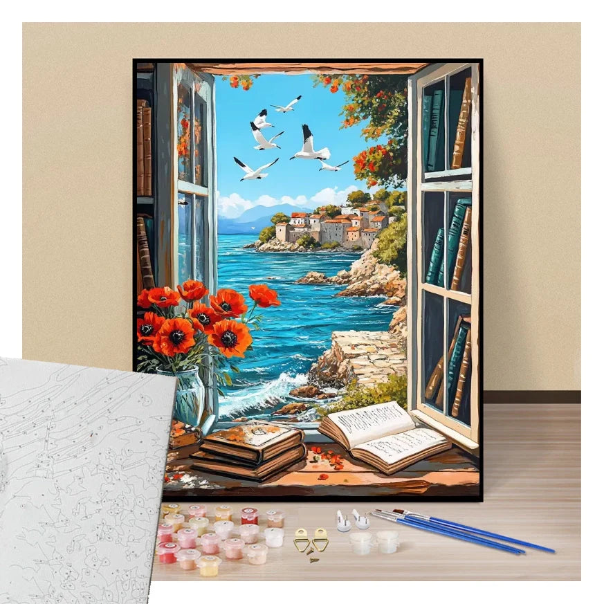 Peinture par numéros fenêtre de la bibliothèque ouverte sur la mer présentation du contenu
