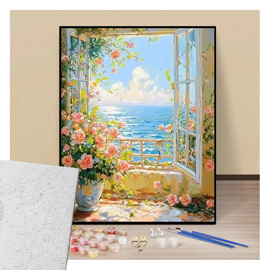 Peinture par numéros fenêtre ouverte avec vue sur l'océan présentation du contenu