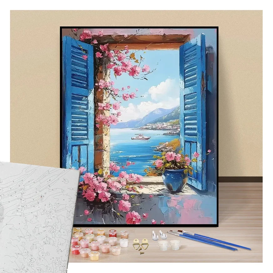 Peinture par numéros fenêtre avec vue sur la mer et fleurs roses présentation du contenu
