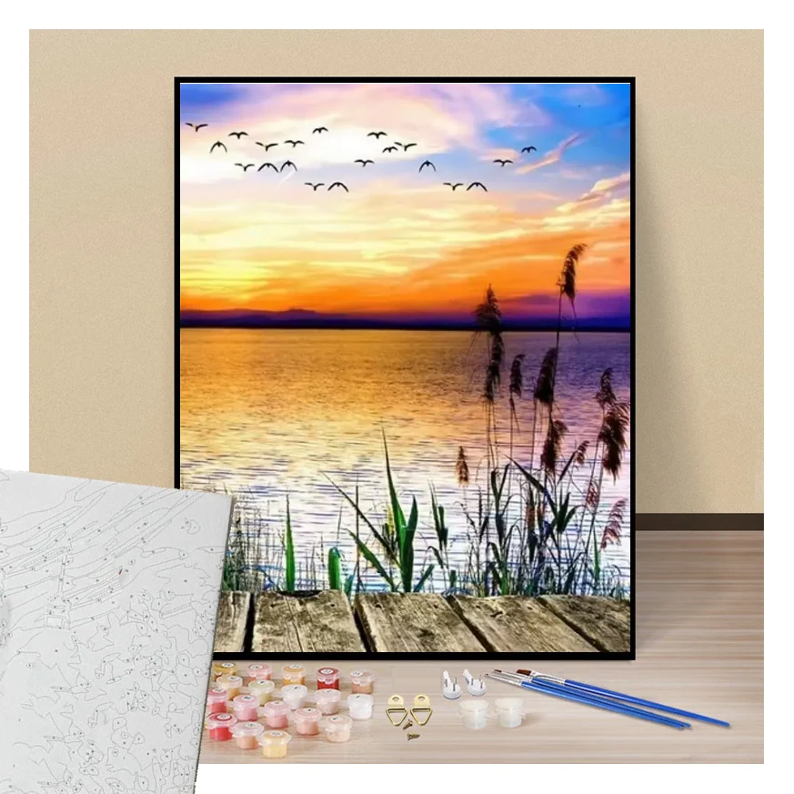 Peinture par numéros fin de journée au bord de l'eau présentation du contenu