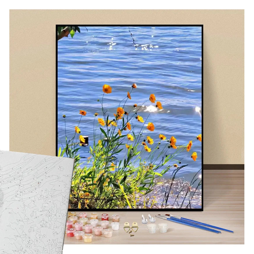 Peinture par numéros affiche fleurs au bord de l'eau présentation du contenu