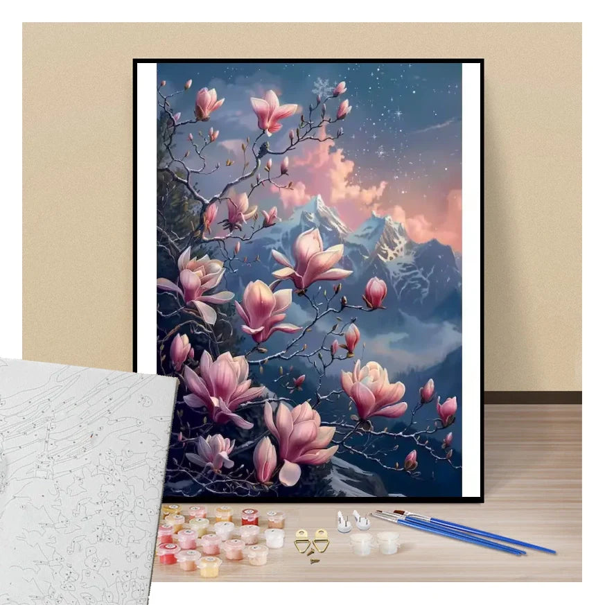 Peinture par numéros fleurs roses sauvages en montagne présentation du contenu