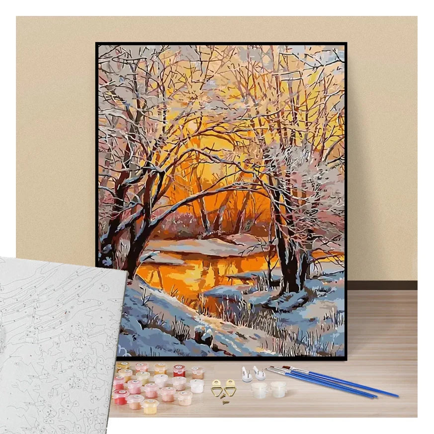 Peinture par numéros foret enneigée l'hiver présentation du contenu