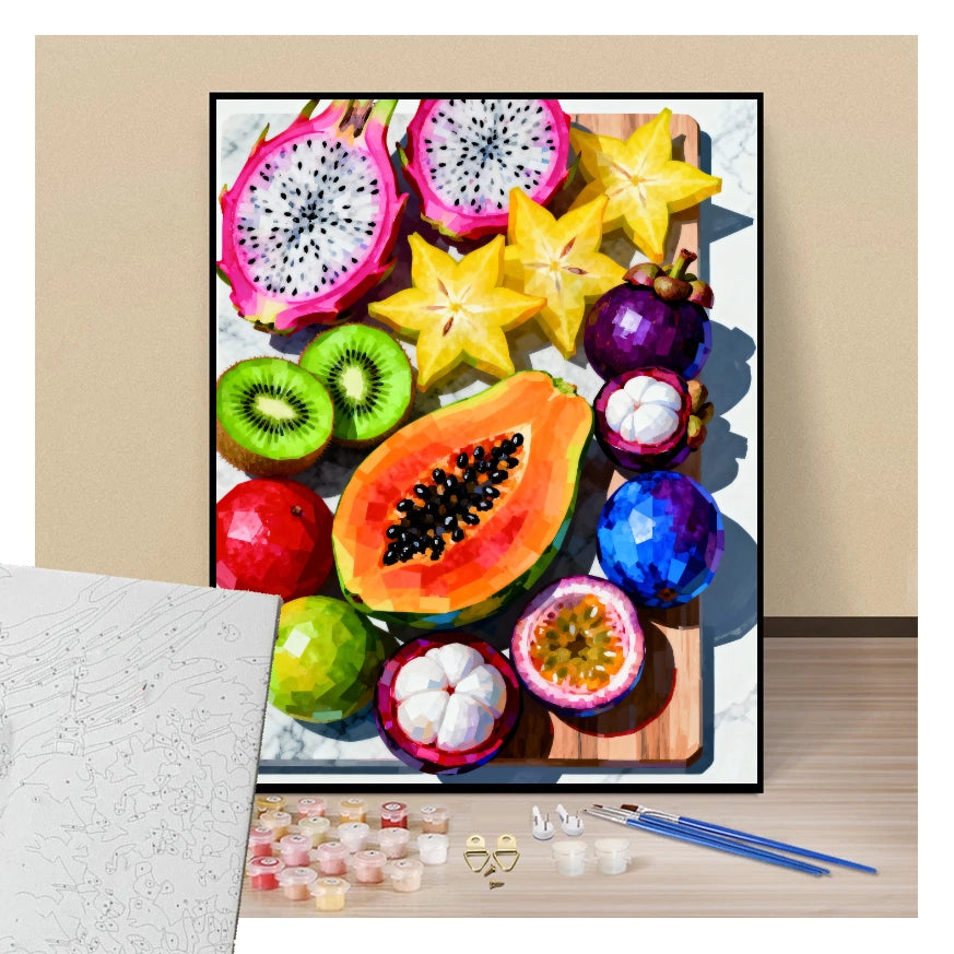 Peinture par numéros fruits exotiques coupés et en tranches présentation du contenu