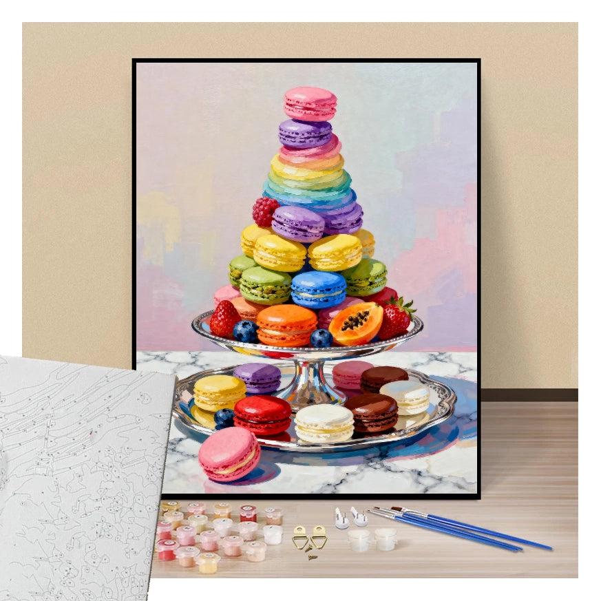 Peinture par numéros pyramide de macarons colorés présentation du contenu