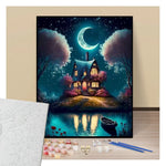 Peinture par numéros maison pittoresque sur une ile au clair de lune présentation du contenu
