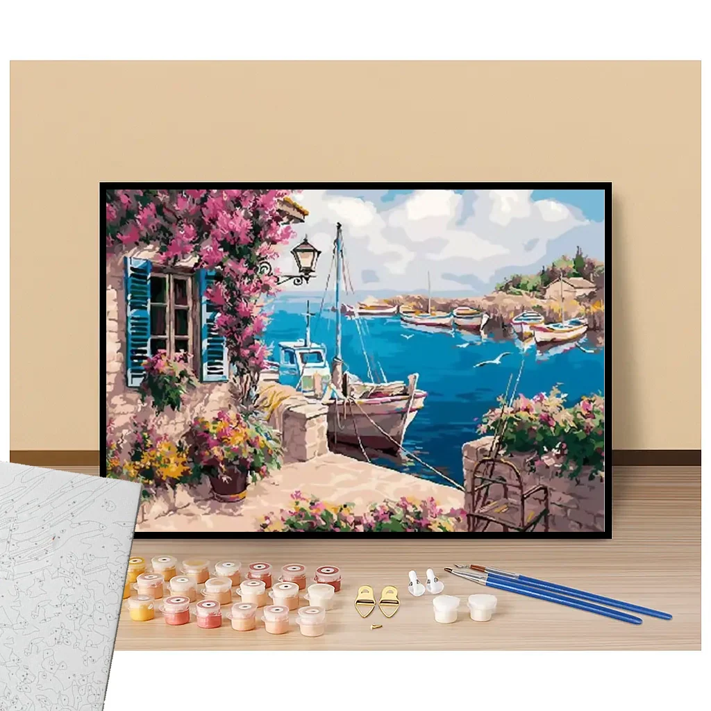 Peinture par numéros maison de vacances près du port présentation du contenu