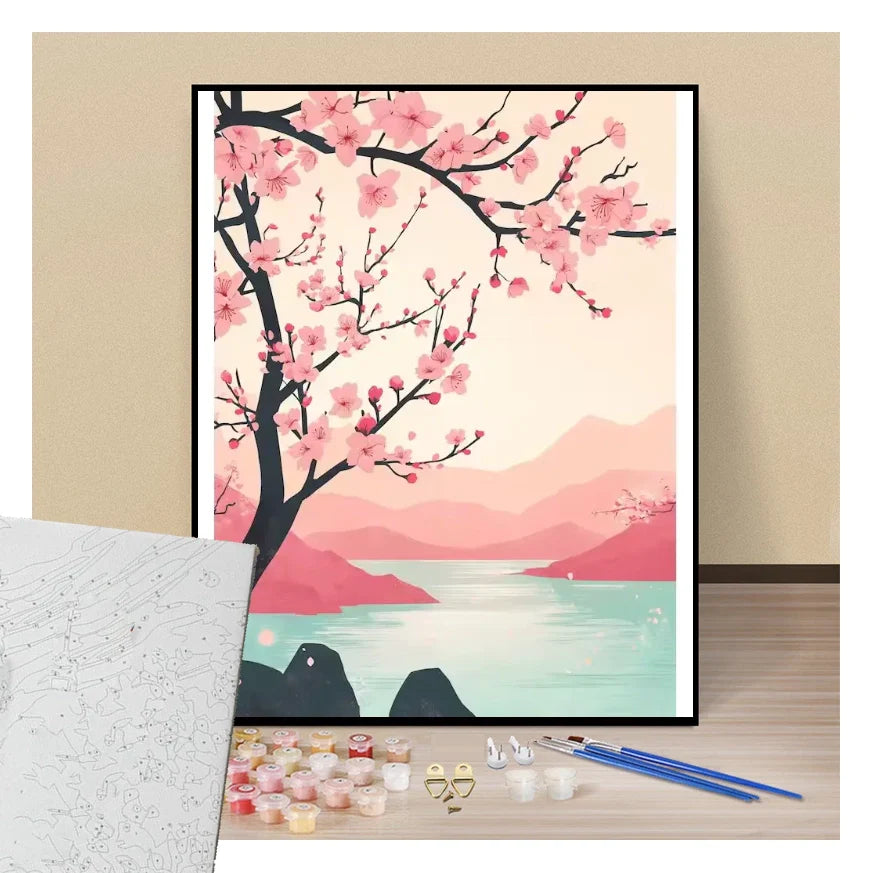 Peinture par numéros matinée sakura sur la baie présentation du contenu