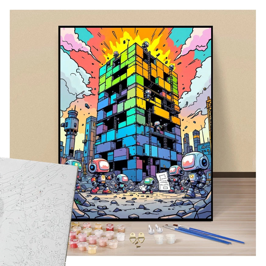 Peinture par numéros affiche mini robots chibi construction manga présentation du contenu