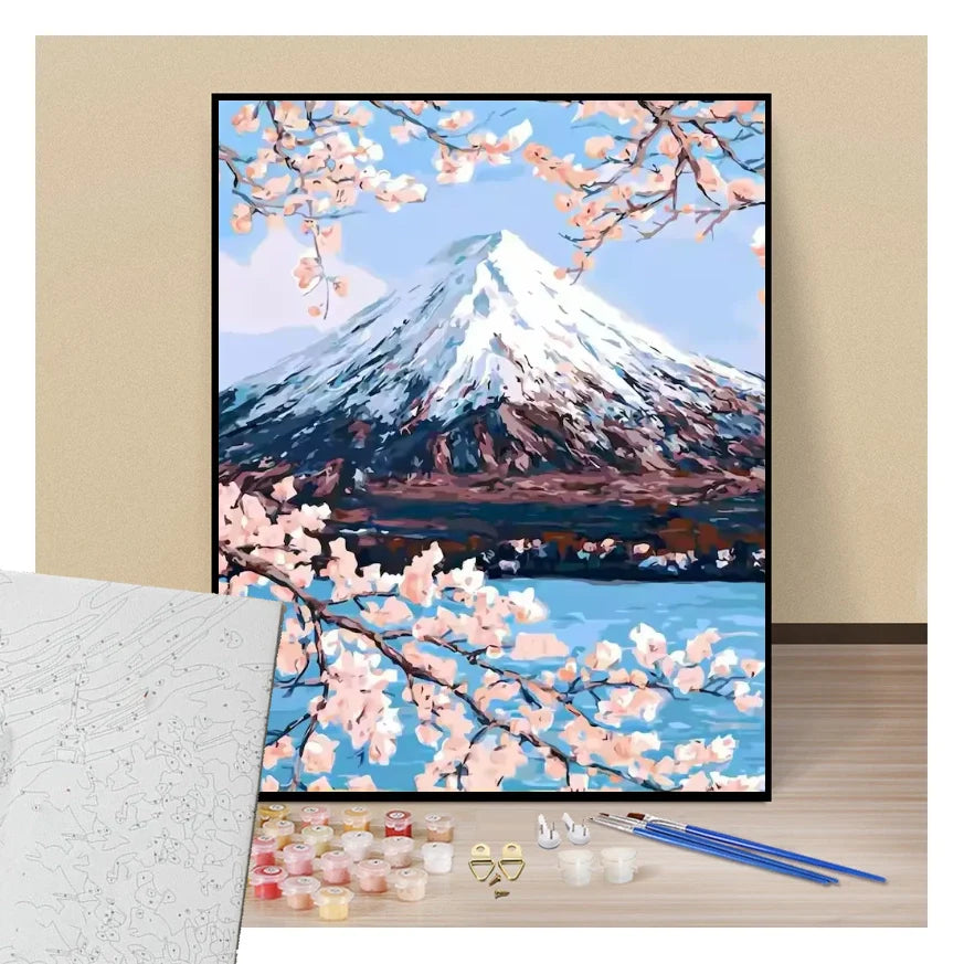 Peinture par numéros affiche mont fuji et cerisiers en fleurs présentation du contenu