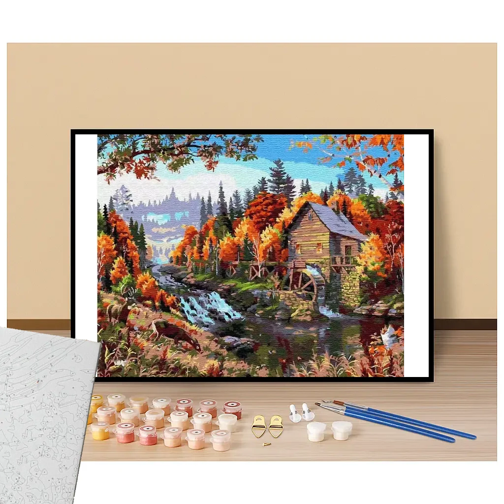 Peinture par numéros moulin à eau paysage automnal présentation du contenu
