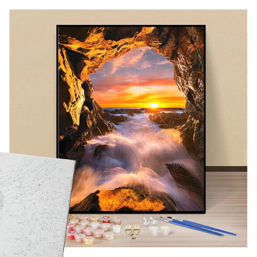 Peinture par numéros grotte en bord de mer au coucher du soleil présentation du contenu