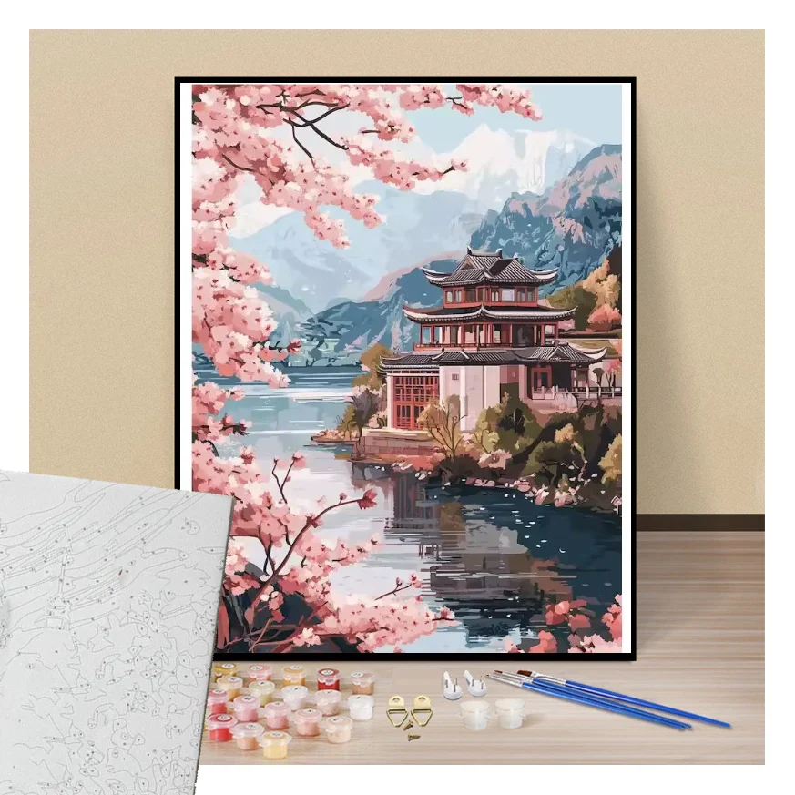 Peinture par numéros pagode du lac fuji présentation du contenu