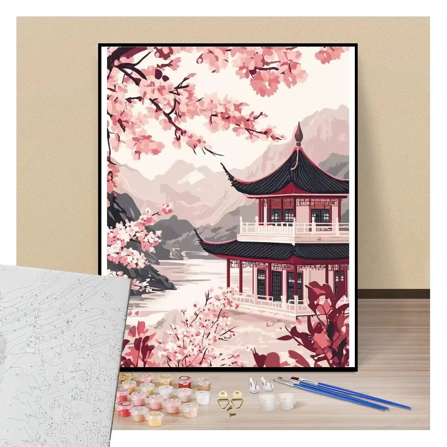 Peinture par numéros pavillon sakura au pied des montagnes présentation du contenu