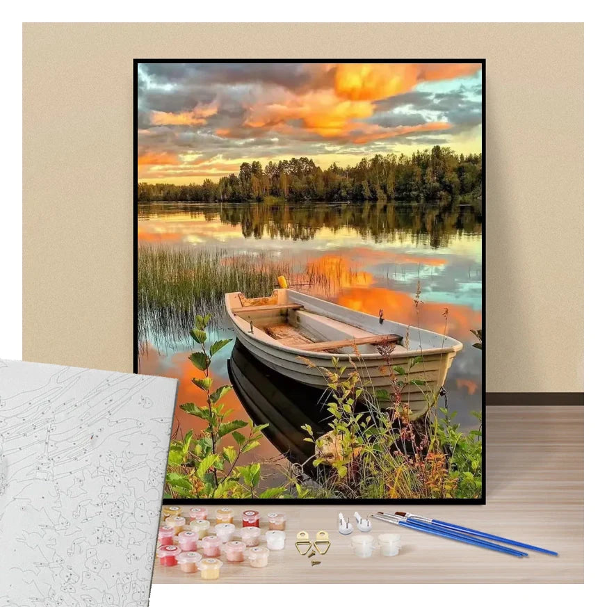 Peinture par numéros paysage d'étang avec une barge sur l'eau et son reflet dans l'eau présentation du contenu