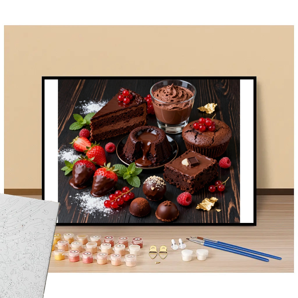 Peinture par numéros desserts au chocolat et fruits rouges présentation du contenu