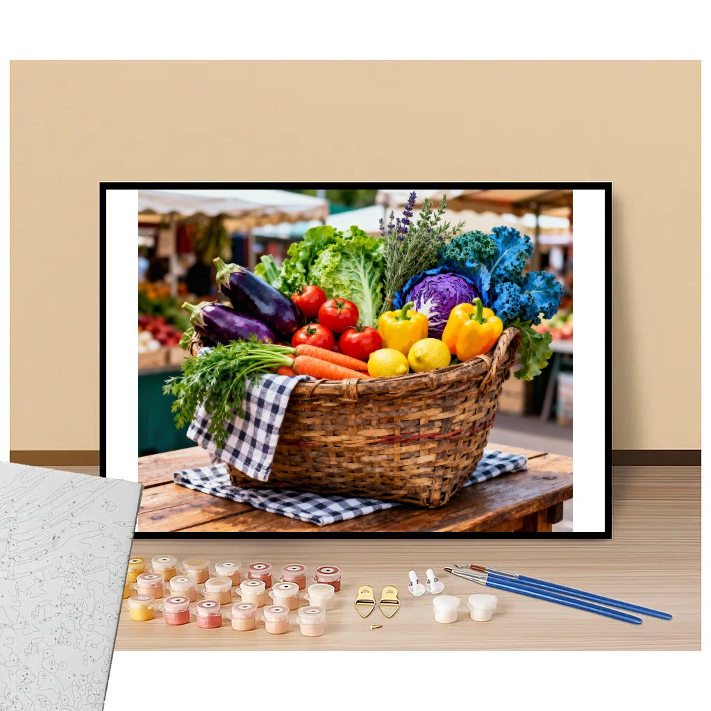Peinture par numéros panier de fruits et légumes frais présentation du contenu