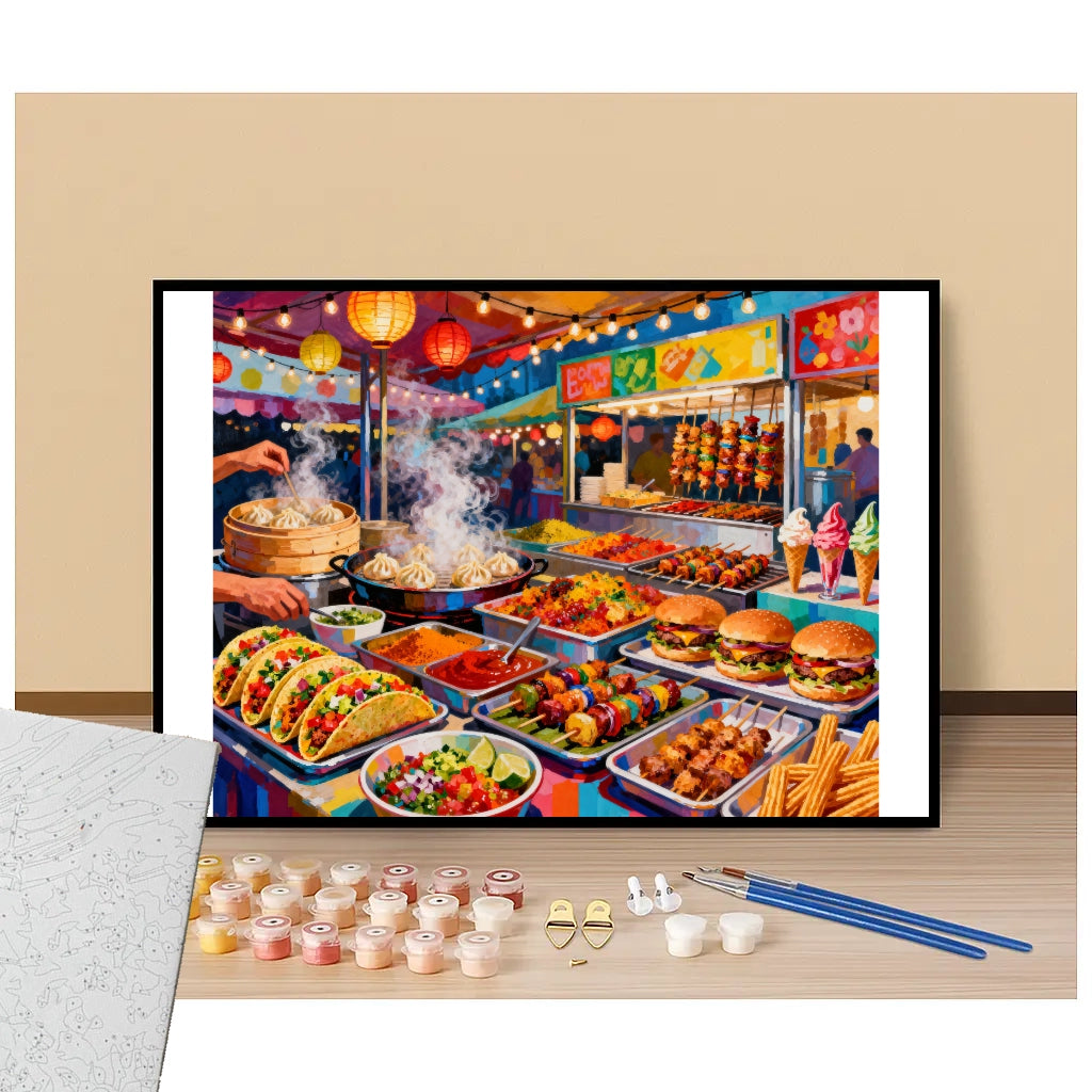 Peinture par numéros street food internationale présentation du contenu