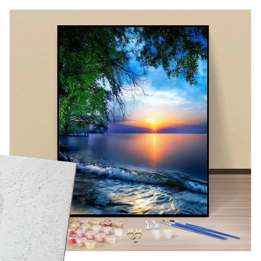 Peinture par numéros plage au coucher de soleil présentation du contenu