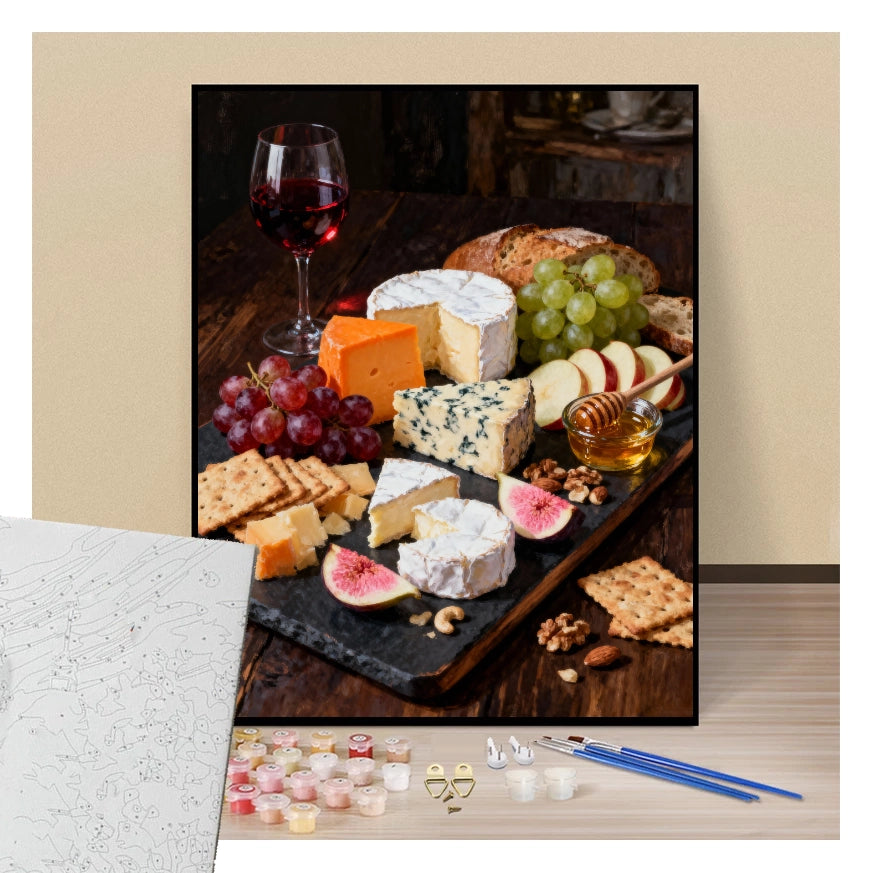Peinture par numéros plateau de fromages présentation du contenu