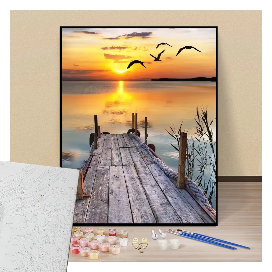 Peinture par numéros ponton sur le lac au coucher de soleil avec les oiseaux présentation du contenu