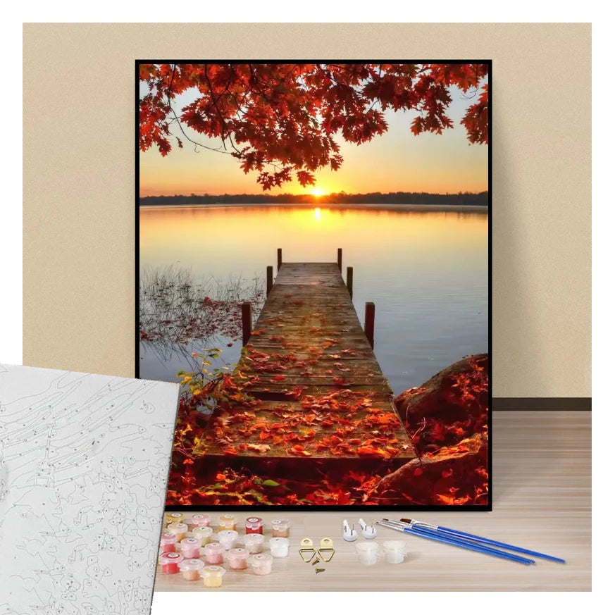 Peinture par numéros ponton sur le lac au lever de soleil automnal présentation du contenu