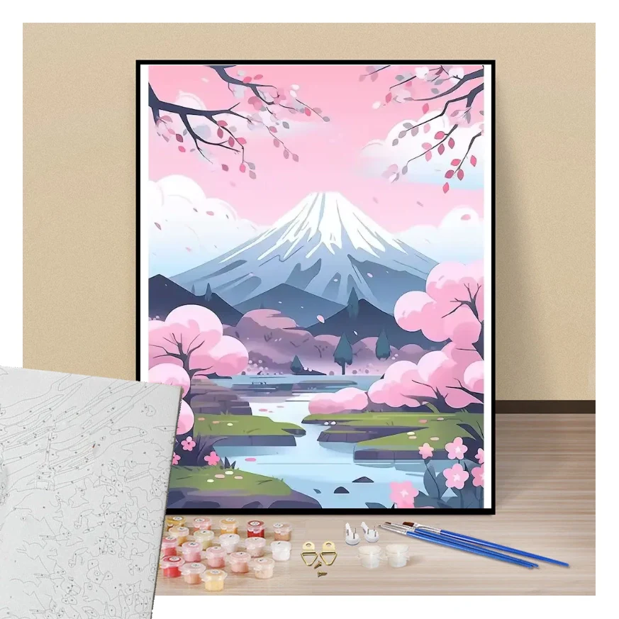 Peinture par numéros printemps sakura face au mont fuji présentation du contenu