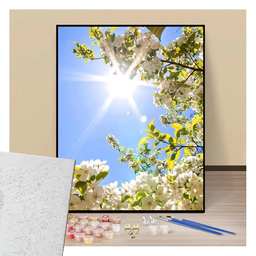 Peinture par numéros affiche rayon de soleil entre les branches présentation du contenu
