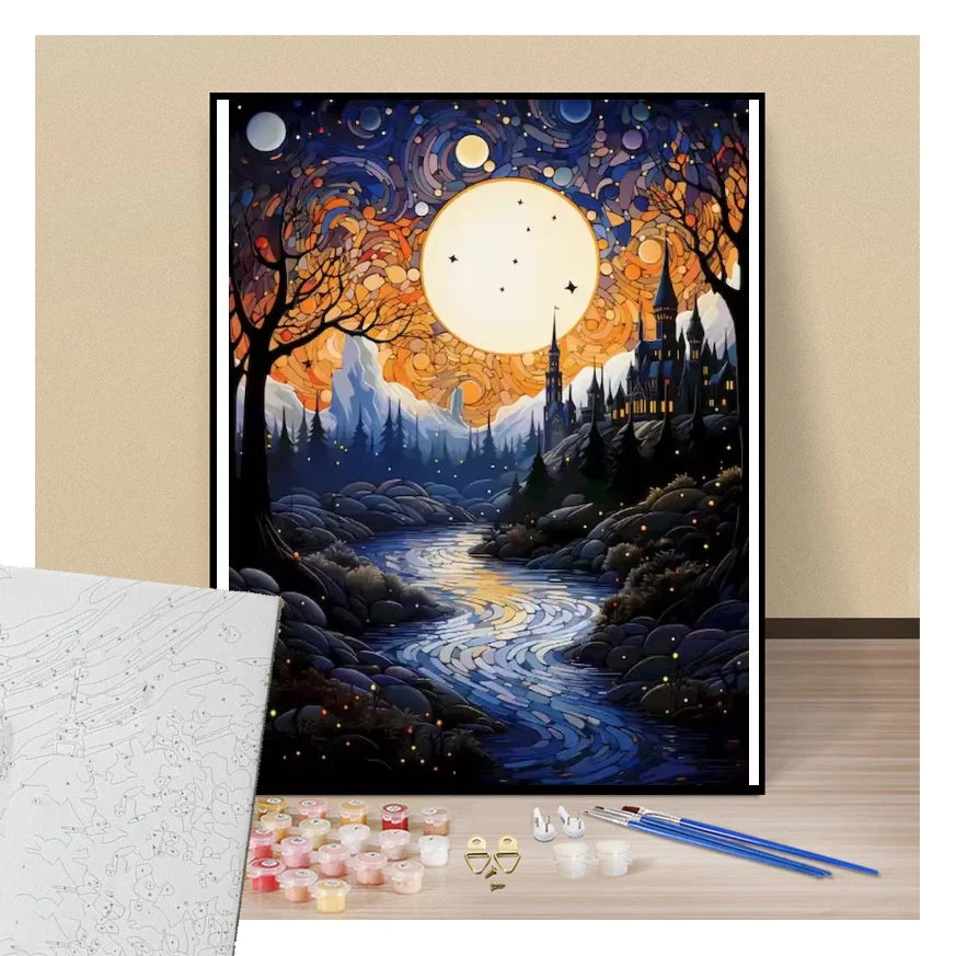 Peinture par numéros rivière coulant sous la pleine lune présentation du contenu