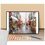 Peinture par numéros rue commerçante de paris avec vue sur la tour eiffel présentation du contenu