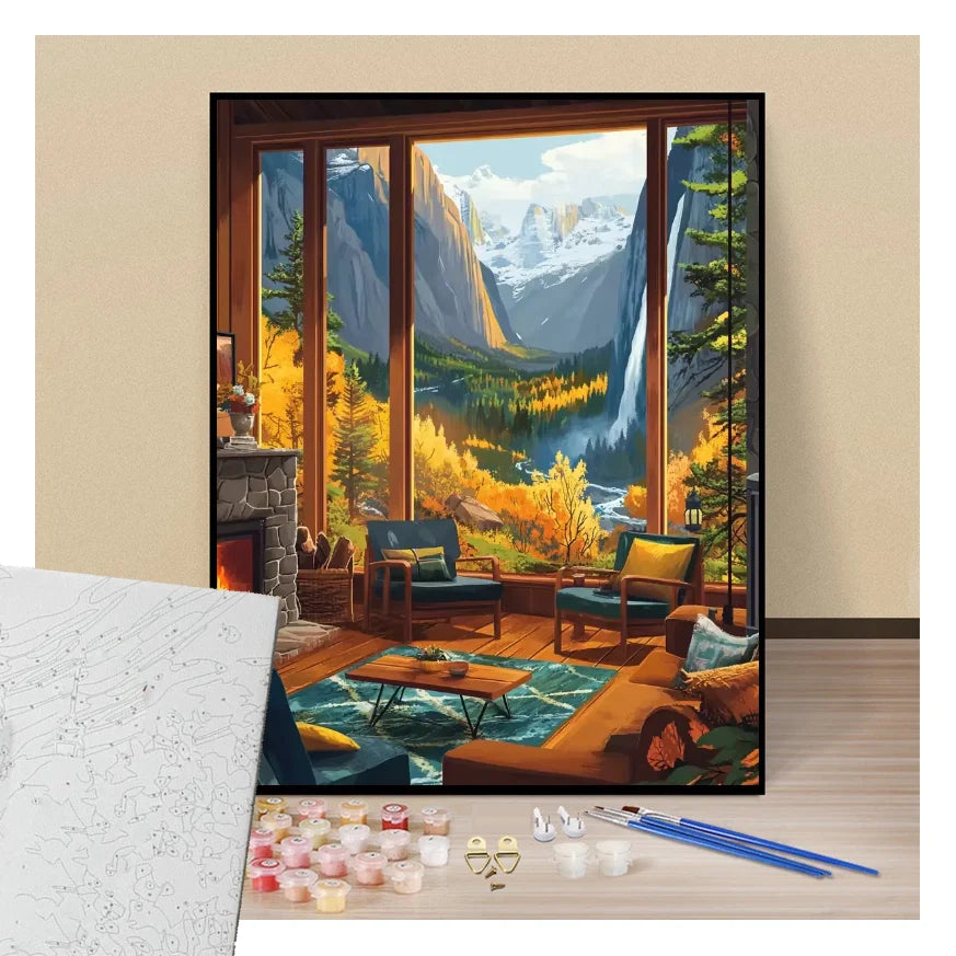 Peinture par numéros salon du chalet avec vue sur la vallée présentation du contenu