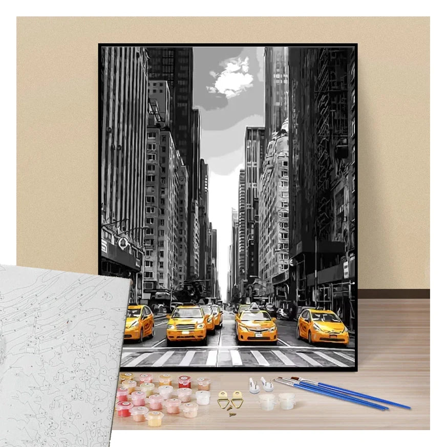 Peinture par numéros taxis jaunes de new-york présentation du contenu