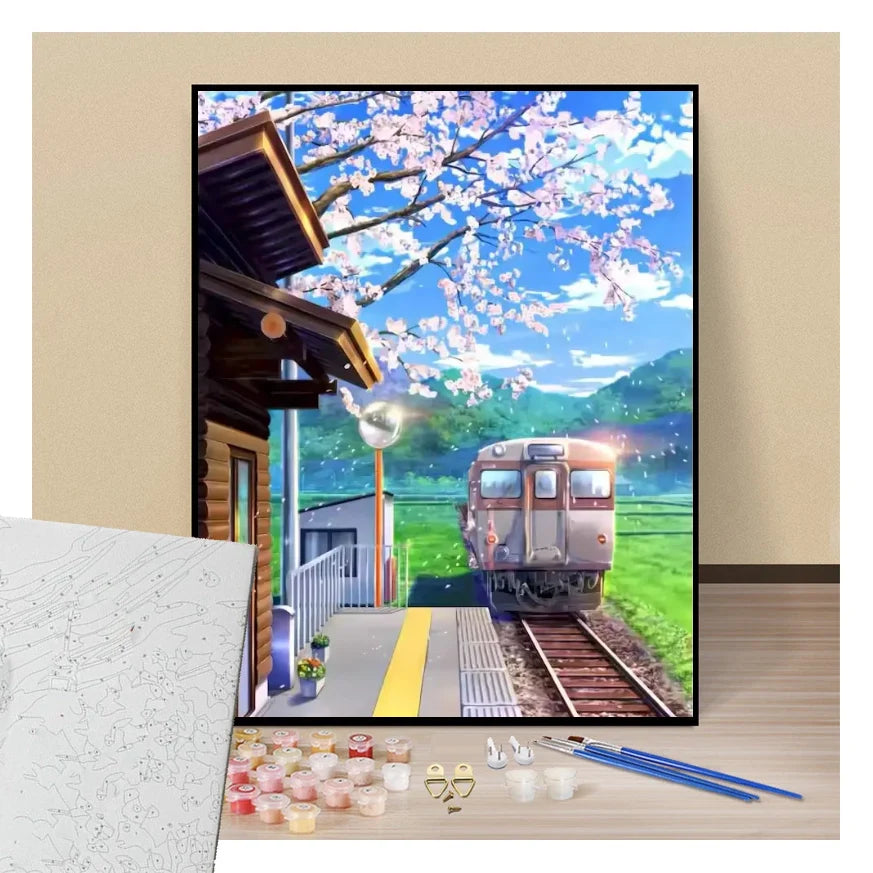 Peinture par numéros affiche train qui arrive en gare au japon présentation du contenu