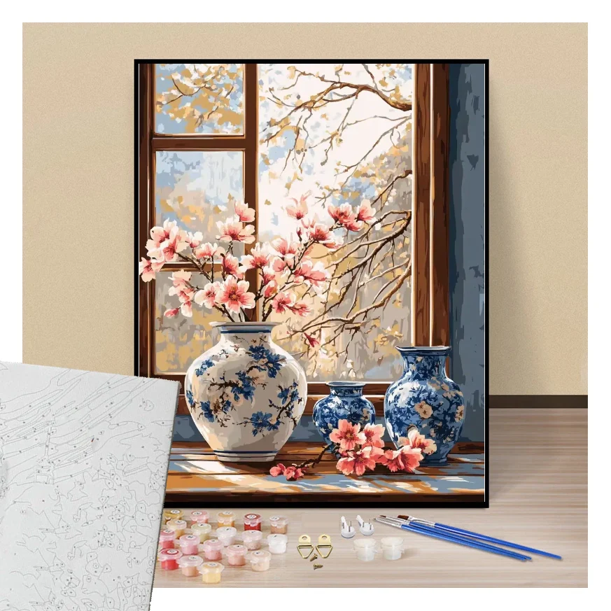 Peinture par numéros vases et fleurs roses présentation du contenu