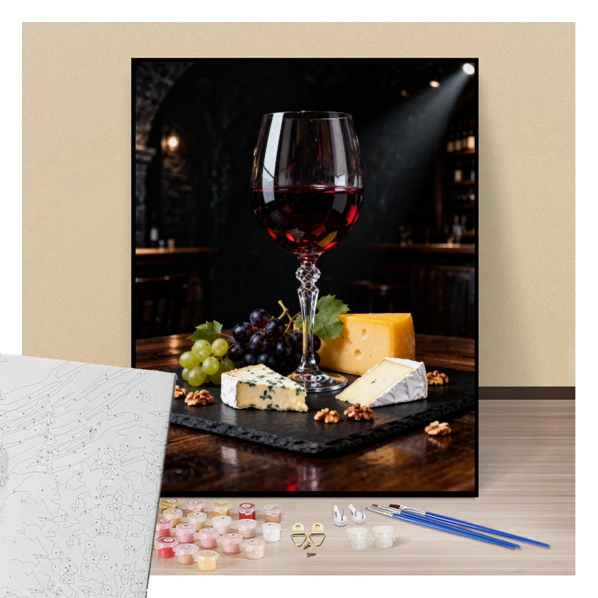 Peinture par numéros verre de vin rouge et fromages présentation du contenu
