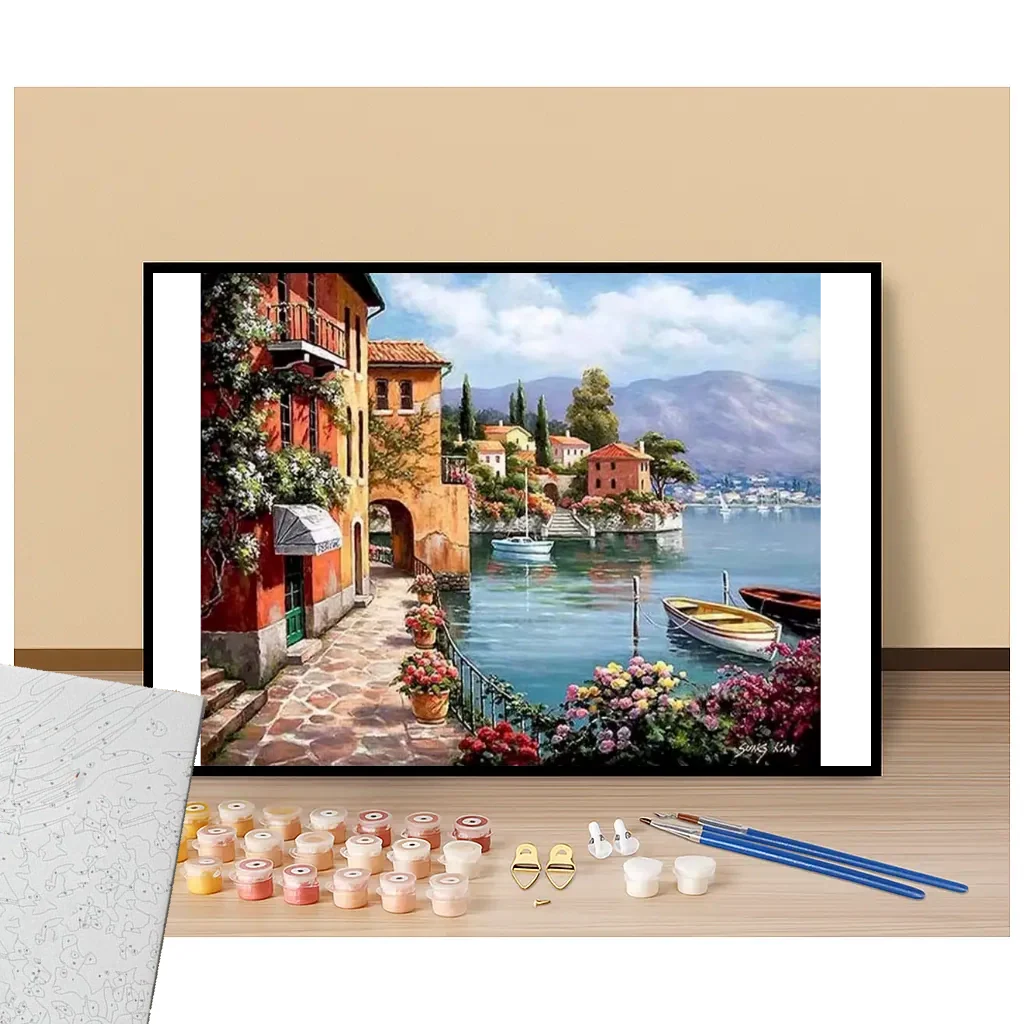 Peinture par numéros villas au bord du lac présentation du contenu